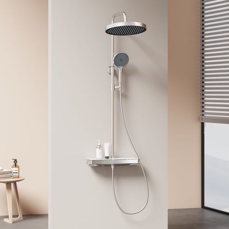 EMKE Thermostat Duschsystem mit Chlor-Filter Kindersicherung 32cm Regendusche 40cm Ablage & 3-Funktionen Handbrause Chrom