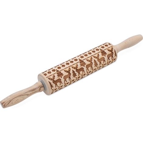 Holz Teigroller mit geprägtem Weihnachtsmotiv - 39 x 5 cm - Keksteig Roller mit Rentier Prägemuster - Präge Nudelholz mit Muster für Plätzchen und Kekse Backzubehör für Weihnachten Advent Winter