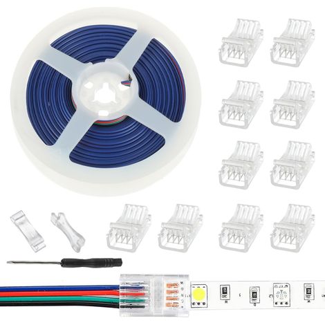 10 Pièces LED Strip Connector RGB Lights Adapter Lighting Pin Connecteurs clairs sans fil Gapless Track Lighting Connector avec 5M/16.4ft câble(4 PIN 10 MM) (1/5)