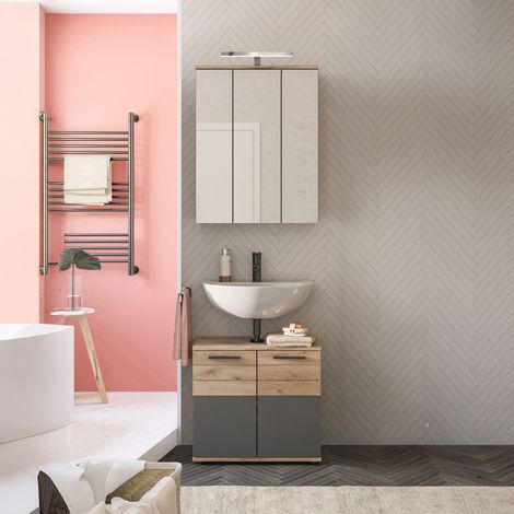 Ensemble 2 meubles de salle de bain + lampe chêne et anthracite- MAZON
