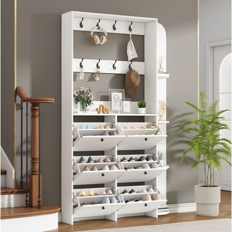 Garderobe aus Spanplatte, weiss, mit 8 Haken, 120 x 24 x 200 cm, Flurschrank mit 6 Klapptueren fuer Schuhe und 5 Ablagen (1/5)