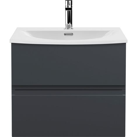 Hudson Reed Urban Satin Soft Black 600mm Wall Hung 2 Drawer Vanity Unit and Curved Ceramic Basin - URB1404G (1/4)