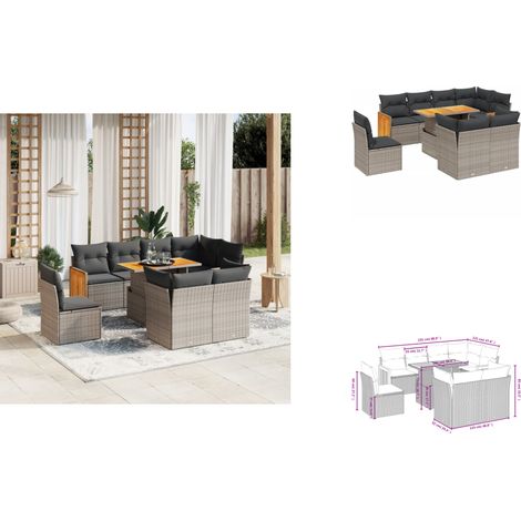 9-tlg. Garten-Sofagarnitur mit Kissen Grau Poly Rattan - Gartensorte - Outdoor Möbel - Lounge Set - Gartenlounge - Rattan Gartenmöbel