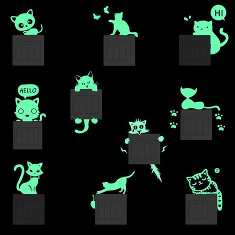 Lot de 10 veilleuses vertes en forme de chat, autocollants pour interrupteur. (1/5)