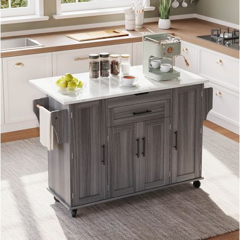 Îlot de cuisine mobile 136x70x92 cm gris en MDF avec plateau extensible, rangements et roulettes (1/5)