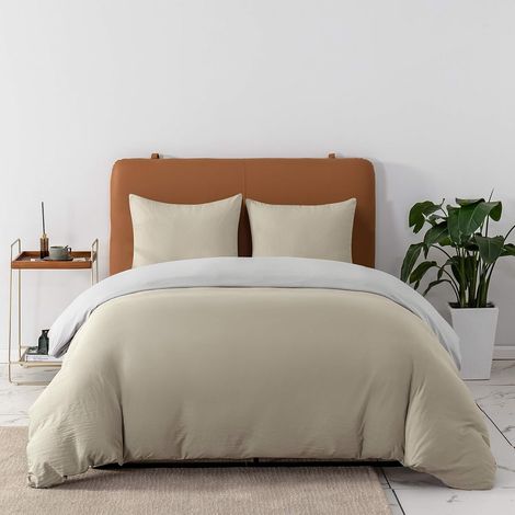 Housse de Couette Réversible 140x190/200 cm Coton lavé Beige Taie d'oreiller 65x65x1 cm Parure de Lit Aspect Ridée Naturel Bicolore pour 1 Personne Fermeture Éclair Sets de Housses de couettes (1/5)