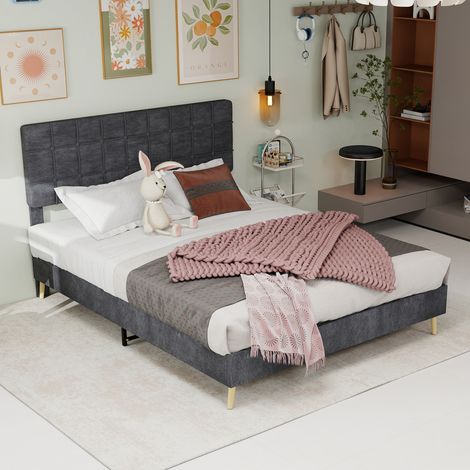Letto matrimoniale in velluto grigio 160x200 cm con testiera imbottita a quadri