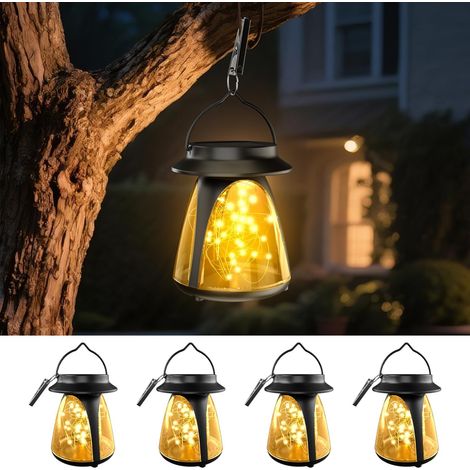 Lot de 4 Lanternes Solaires Extérieures 2 en 1 – Éclairage de Chemin à Intensité Améliorée, Étanche, Fixation Polyvalente (Suspension, Pince ou Piquet) – Idéal pour Jardin, Terrasse et Allée (1/5)