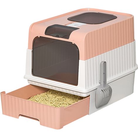 Lettiera pieghevole per gatti con cassetto e coperchio, Haloyo®, lettiera per gatti con vassoio estraibile, con paletta, 49 x 37 x 35 cm, rosa (1/5)