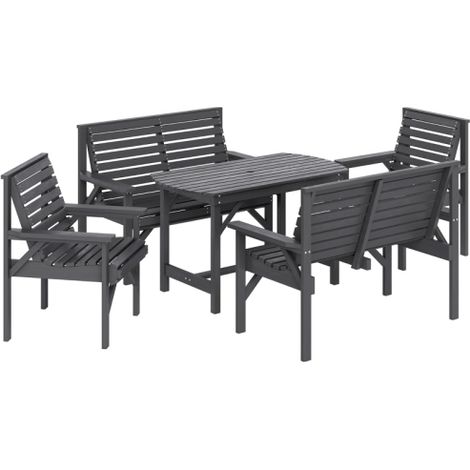 5 Piece Wooden Garden Dining Set for 6, Outdoor Conversation Set with 2 Armchairs, 2 Loveseats and Dining Table with Umbrella Hole for Patio, Balcony, Grey