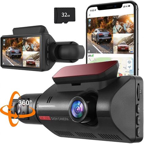 360 Dash Cam, 2 Channel Dash Camera for Cars,1440P Dash Cam Front and Inside,3 Screen,170Wide Angle, WDR,24H Parking, Free 32GB SD Card (1/5)