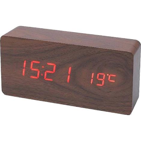 Réveil numérique en bois, réveil LED avec affichage de la température, horloge de bureau ou de chevet en bois foncé (1/5)