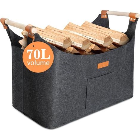 Panier en feutre épais et bois 70L avec poignées renforcées, rangement pliable pour cheminée, salon et (1/5)