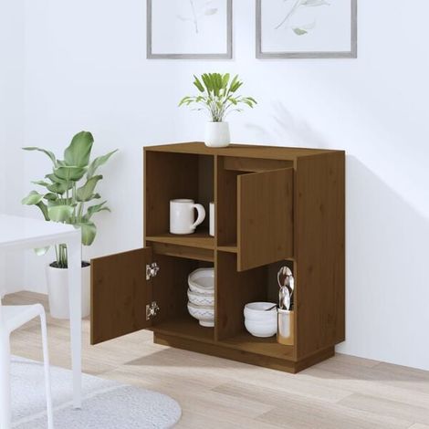 Buffet de Salle à Manger en Bois Massif de Pin, Couleur Miel Brun, 74 x 35 x 80 cm, Meuble de Rangement avec Étagères et Tiroirs pour Cuisine et Salon (1/5)