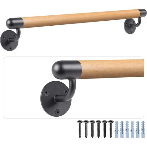 100cm Main Courante en Bois, Rampe d'escalier Bois en Hêtre Ronde 3.8cm Poignée de Sécurité Barre d'escalier avec Support Intérieur Murale Balustrade pour Enfant/Handicapée/Personnes âgées (1/5)