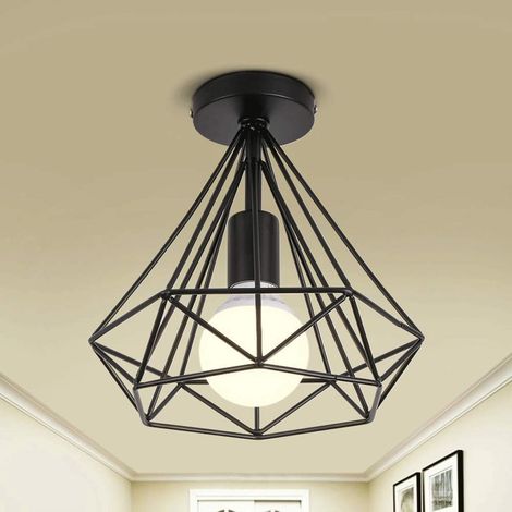 Lustre Vintage De Jaula Forma De Diamante 25CM (Negro) Retro Lámpara De Techo Industrial Iluminación Hierro E27 Restaurante Interior