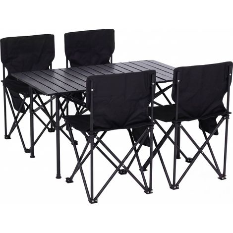 Conjunto de camping HHG-797, mesa y 4 sillas plegables, silla de pesca plegable, metal y tela, negro (1/5)