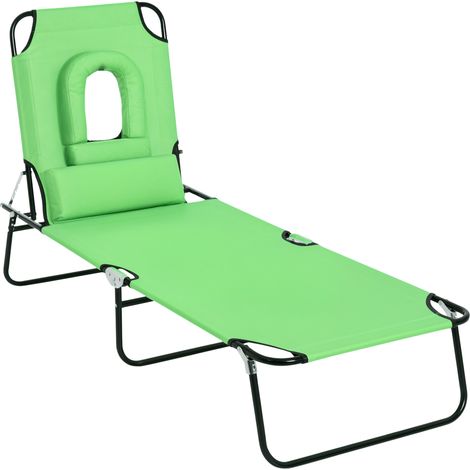 Outsunny Outdoor Folding Sun Lounger with Face Hole, 4 Level Adjustable Backrest Reclining Garden Lounger, Garden Recliner Sunbed with 600 D Oxford Cloth Seat and Pillow for Beach, Green