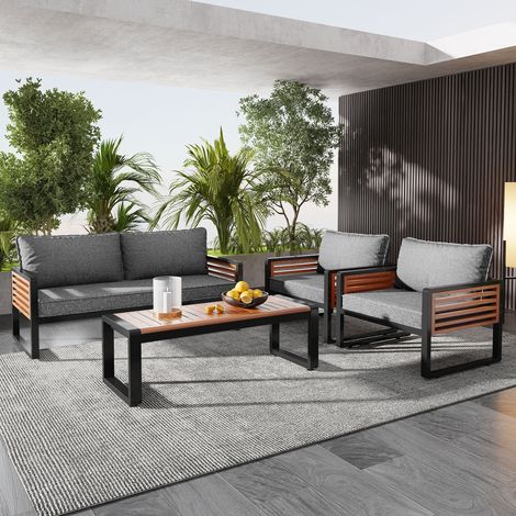 4-Sitzer Gartenmöbel aus Metall mit Tisch, Sofa, 2 Sesseln und dicken Kissen, Grau