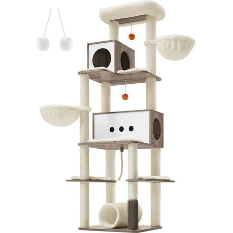 Feandrea Arbre à Chat, Tour de Jeux Moderne de 197 cm, Multi-Niveaux, avec 2 Niches, 2 Paniers, 4 Griffoirs, Toiletteur, Tunnel, Plate-forme, pour Chats d’Intérieur, Grège Chiné (1/5)
