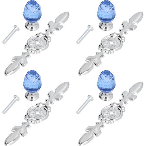 4 lots de poignées cristal avec plaque de base pour tiroirs, armoires et cuisines, style européen moderne et simple, motif rose, trou unique, bleu (1/5)