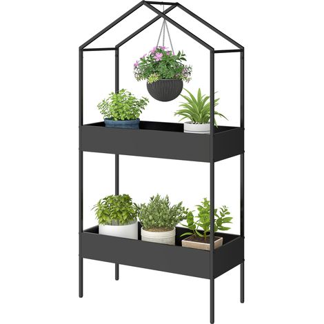 Support plantes 2 étages forme maison hauteur 150 cm crochets métal noir déco intérieur extérieur (1/4)