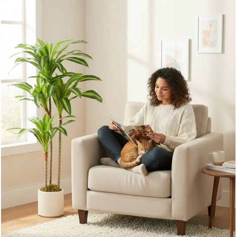 Arbre artificiel Dracaena 120 cm avec tiges flexibles et pot blanc pour salon, chambre ou bureau (1/5)