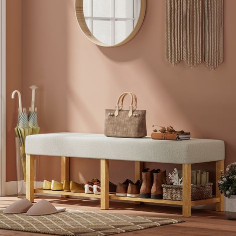 Panca porta scarpe in legno massello da 140 cm, panca moderna da ingresso con seduta imbottita per due persone, legno naturale e bianco crema