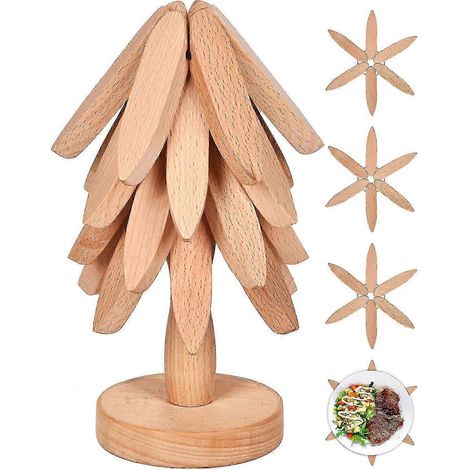Dessous de plat en bois pour plats chauds, ensemble de dessous de plat en forme d'arbre, dessous de plat pour plats chauds : 3 dessous de plat en bois + 1 dessous de plat (1/5)