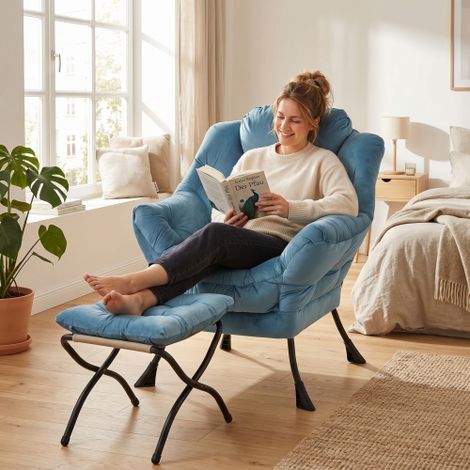 Poltrona con poggiapiedi, poltrona reclinabile con braccioli, tasca laterale e poggiapiedi, poltrona lounge, poltrona TV, poltrona a orecchioni per soggiorno, camera da letto, ufficio, blu (1/5)