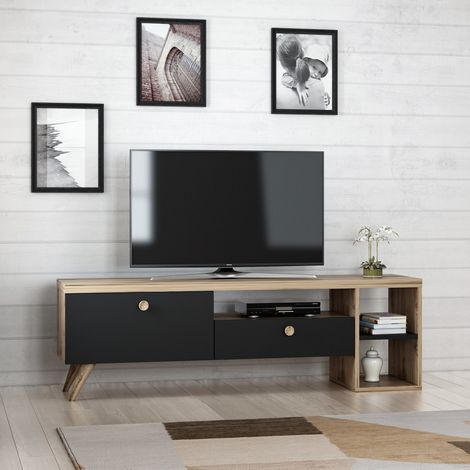 TV-Schrank Filetto, 2 Regale, 2 Türen, 5 Fächer, 150x35x47h cm Anthrazit Schwarz (1/5)