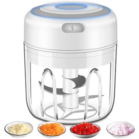 Elektrischer Zerkleinerer, Knoblauch, Zwiebelschneider, Obst, Fleisch, Multizerkleinerer mit USB-Aufladung, 250 ml, Weiß-Chrom