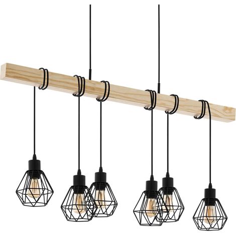 Eglo Lampada a sospensione Townshend 5, plafoniera vintage a 6 punti luce, lampada a sospensione dal design industriale, lampada appesa retrò in acciaio e legno, nero, marrone, E27 (1/5)