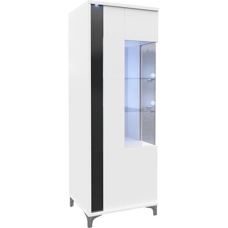 Estantería Florem II, Blanco + Blanco brillante + Negro brillante, Con puertas, Cerrable, Vidrio, Aglomerado laminado, Número de puertas: 2, Número de cajones: 0, 160x52x40cm, LED