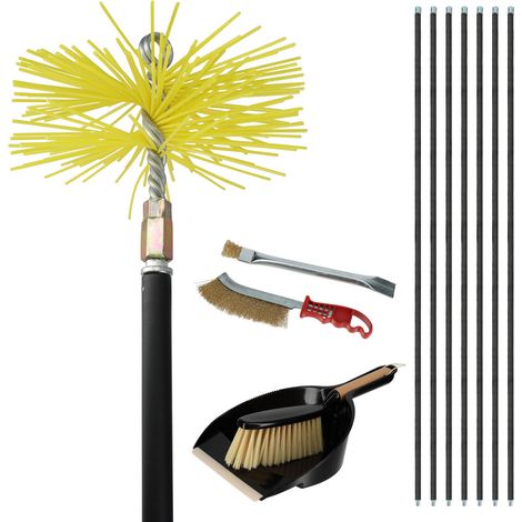 Kit ramonage cheminée - 12 pièces - Hérisson PVC - 7 cannes souples 1m40 - 2 brosses - Pelle - Conduit inox souple ou rigide - 25 cm (1/5)