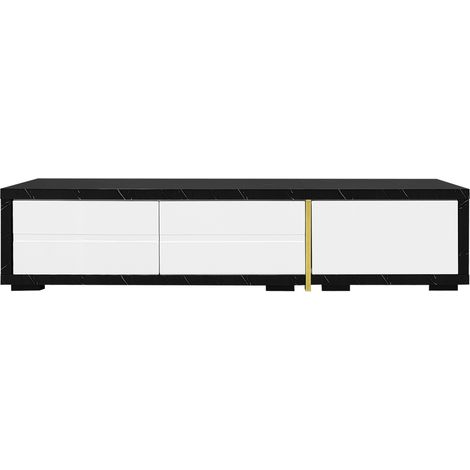 Ausziehbares TV-Möbel 140–260 cm in schwarzer Marmoroptik, Weiß und Gold (1/5)