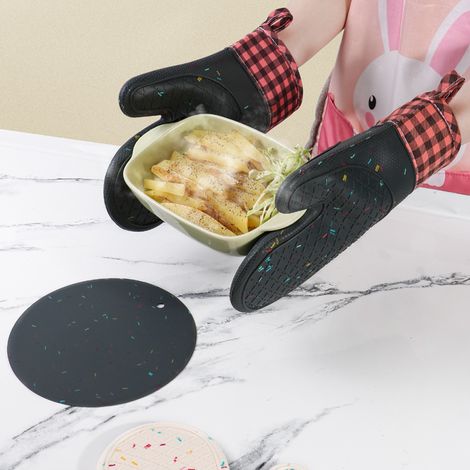paire de gants four + 2 maniques en antidérapants résistants à la chaleur pour micro ondes cuisson cuisine Silicone Gris (1/5)