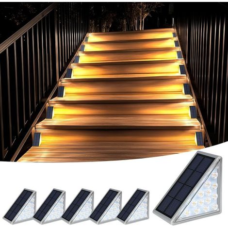 Lot de 6 lampes solaires d'escalier à LED – Étanches IP67 – Autonomie 8h – Installation sans outil pour porche et terrasse – Blanc chaud (1/5)