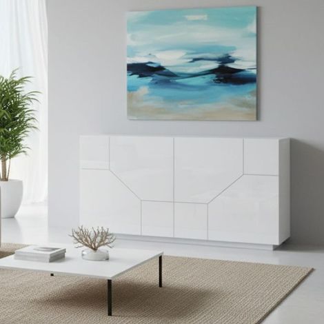 Dmora - Aparador Dmeron, Aparador de cocina con 4 puertas, Buffet de salón, 100% Made in Italy, cm 200x43h86, Blanco brillo (1/5)