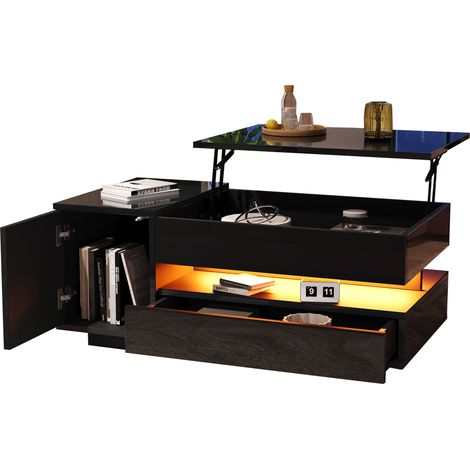 Table basse relevable 955040 cm, table de salon, table d’appoint et table à café avec 1 tiroir, 1 meuble, table de salon avec LED, table à thé brillante avec rangement caché et semi-ouvert, noir