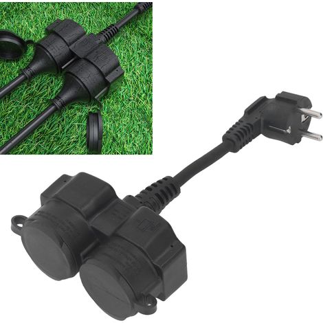 Europäisches Standard-Doppelstecker-Verlängerungskabel 16A 250V, geschützter Außenkontakt mit 2 AC-Steckdosen, 2-fach europäischer Verteiler, kurzes 5 cm Kabel und 1,5 mm², IP44 wasserdicht. (1/5)