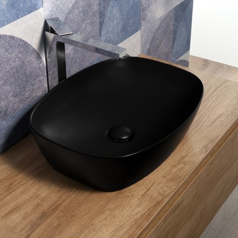Lavabo da Appoggio a Bacinella 50x38 Cm Nero Opaco Moderno (1/4)