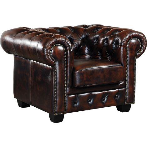 Fauteuil chesterfield BRENTON 100% cuir de buffle - Marron reflets châtains