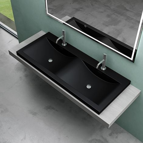 Mai & Mai Double Vasque à Encastrer Noir Lavabo 2 Vasques 120x48x12 cm Lave Mains Col03 Rectangulaire en Résine avec Trop-plein (1/5)