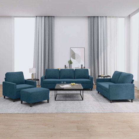 4-tlg. Sofagarnitur mit Kissen Blau Samt (1/5)