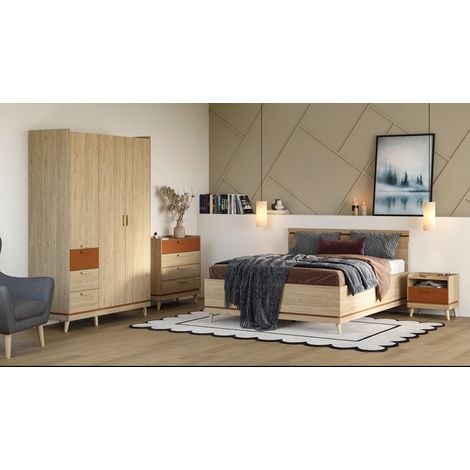 Schlafzimmer-Set NOKI – Bett 160x200 + Dreitüriger Schrank + Kommode + Nachttisch – Helles Eichenholz und Mokka im skandinavischen Stil