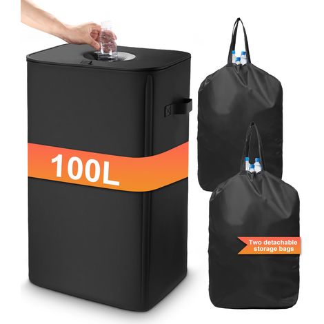 100-Liter-Pfandflaschen-Sammelbehälter mit Deckel, großer Pfandflaschen-Aufbewahrungsbehälter mit 2 Tragetaschen, Behälter zur Aufbewahrung von Leergut und Altglas für Küche und Haushalt, Schwarz (1/5)