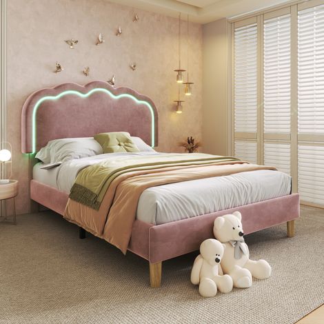 Lit simple 90x190cm Tête de lit capitonnée LED éclairage ambiant velours réglable Rose (Sans matelas) (1/5)