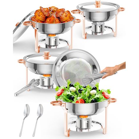 Chafing dish rond 5 L/5 QT en acier inoxydable or rose, chauffe-plat buffet/traiteur avec porte-couvercle, cuillère & pince, pour fêtes/mariages – Lot 4 pièces (1/5)