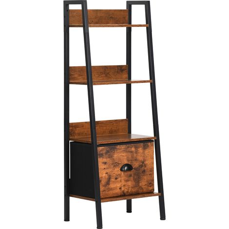 FurnitureR Leiterregal, schmales Regal, Bücherregal für Homeoffice, Wohnzimmer, Schlafzimmer, Küche, Bücherregal aus Holz mit Schubladen, industriell, rustikales Braun und Tinten-Schwarz, 4-stufig (1/5)